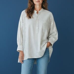 Magnolia Pearl Pinstripe Cotton Tunic Top- Poplin, Lived-In Look, Pearl Buttons